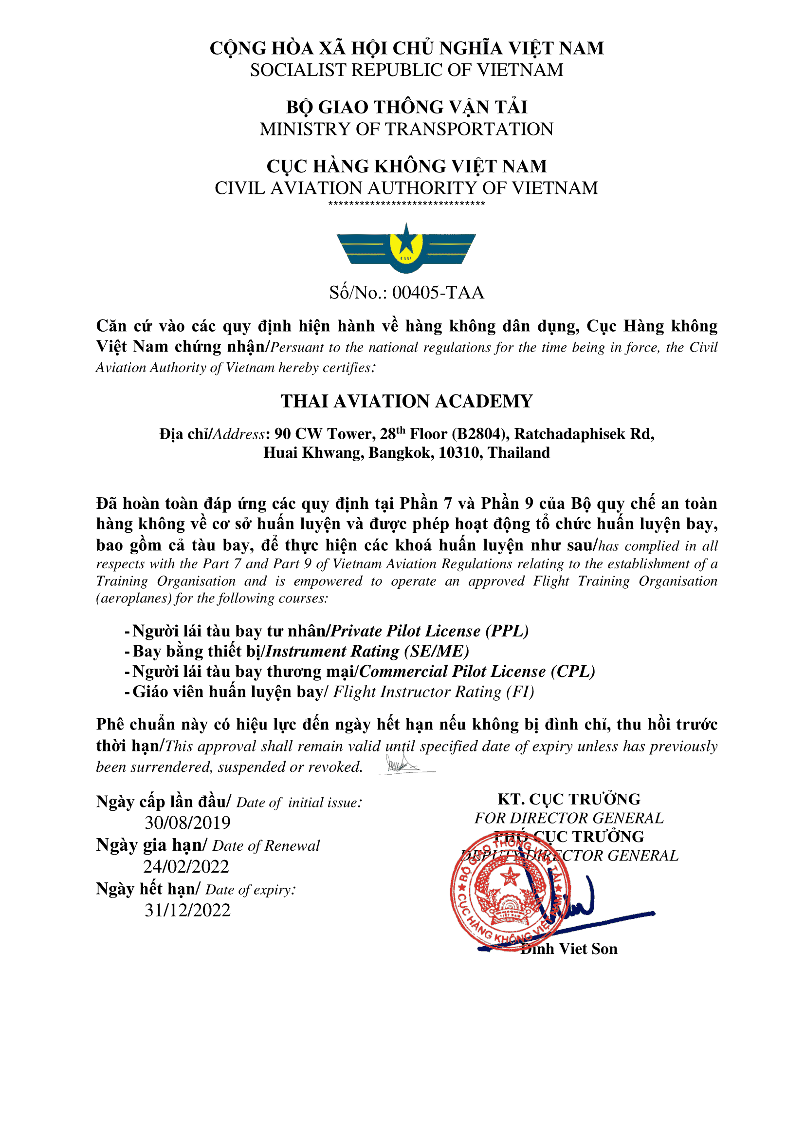 Approved Training Organization from the Civil Aviation Authority of Vietnam